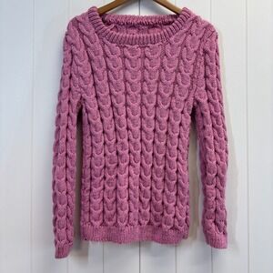 Vintage Handmade Chunky Fisherman Feminine Cable Knit Sweater Size S/M Pink Cozy